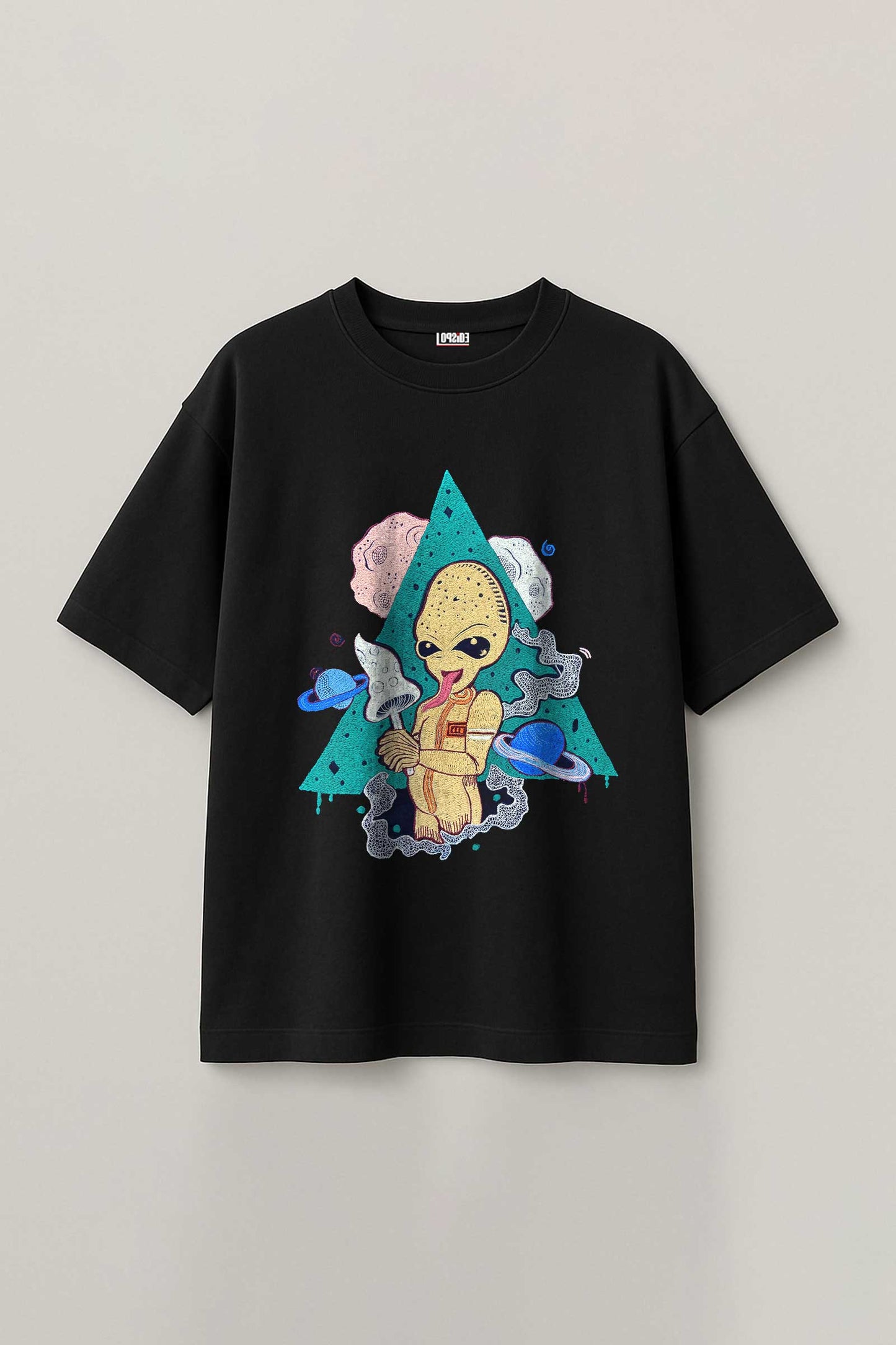 Black t-shirt with a colorful embroidery design on a light gray background
