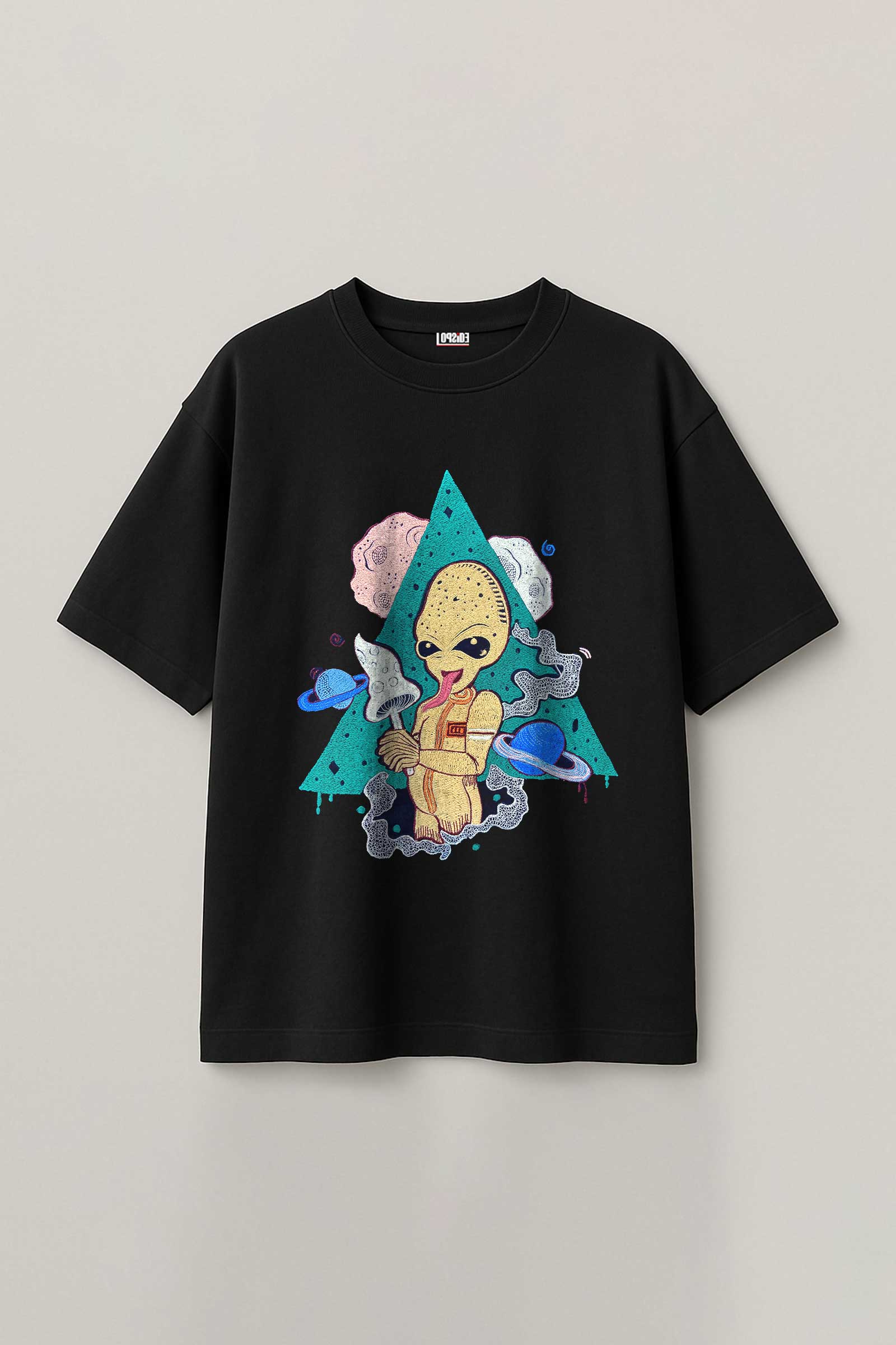 Black t-shirt with a colorful embroidery design on a light gray background