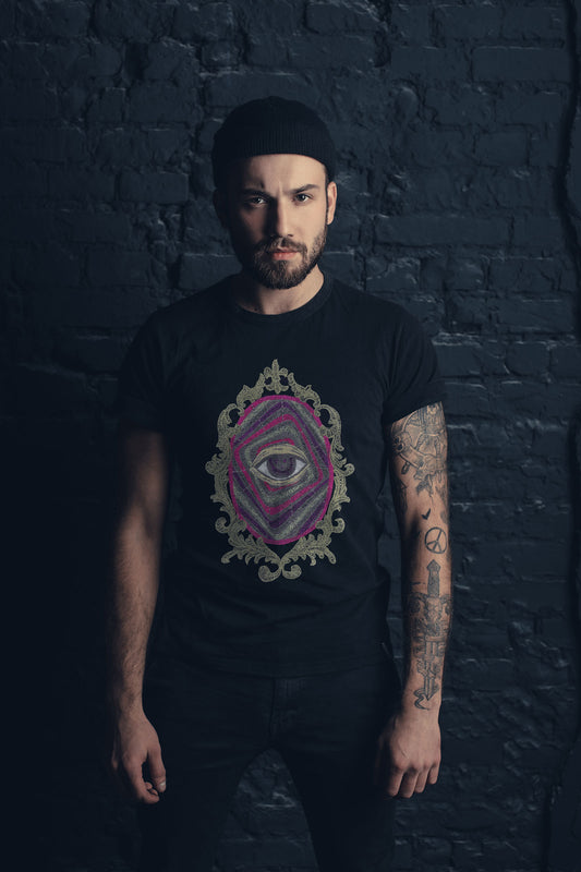 Sacred Eye Mirror Embroidered Artwork Half Sleeve Black T-shirt For Men