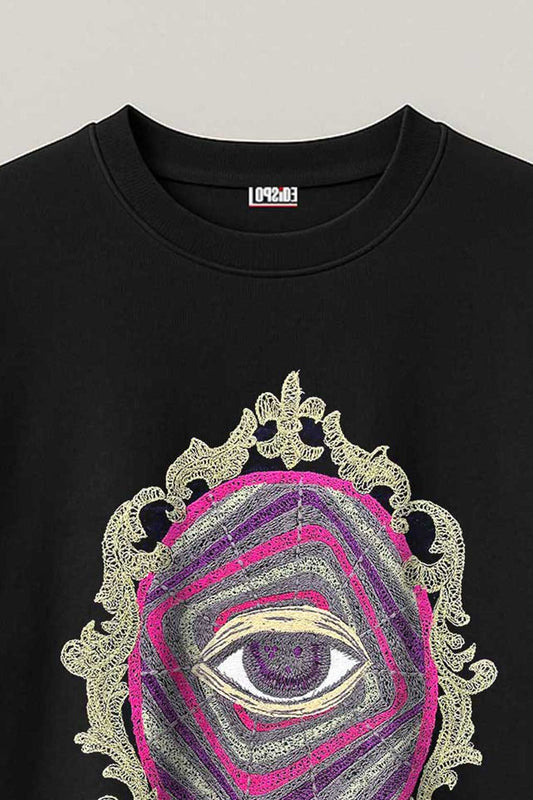Sacred Eye Mirror Embroidered Artwork Half Sleeve Black T-shirt For Men