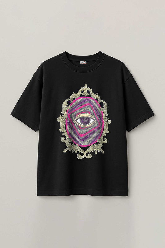 Sacred Eye Mirror Embroidered Artwork Half Sleeve Black T-shirt For Men