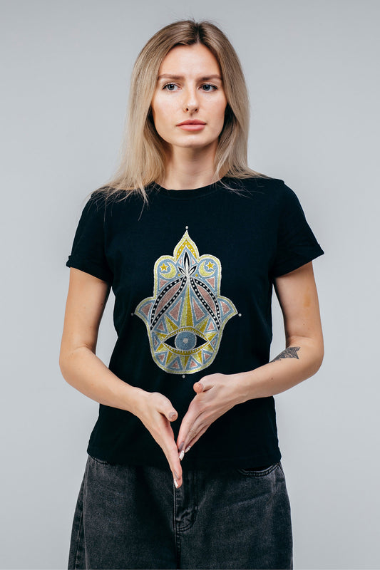 Khamsa Sacred Eye Mirror Embroidered Artwork Half Sleeve T-shirt For Women