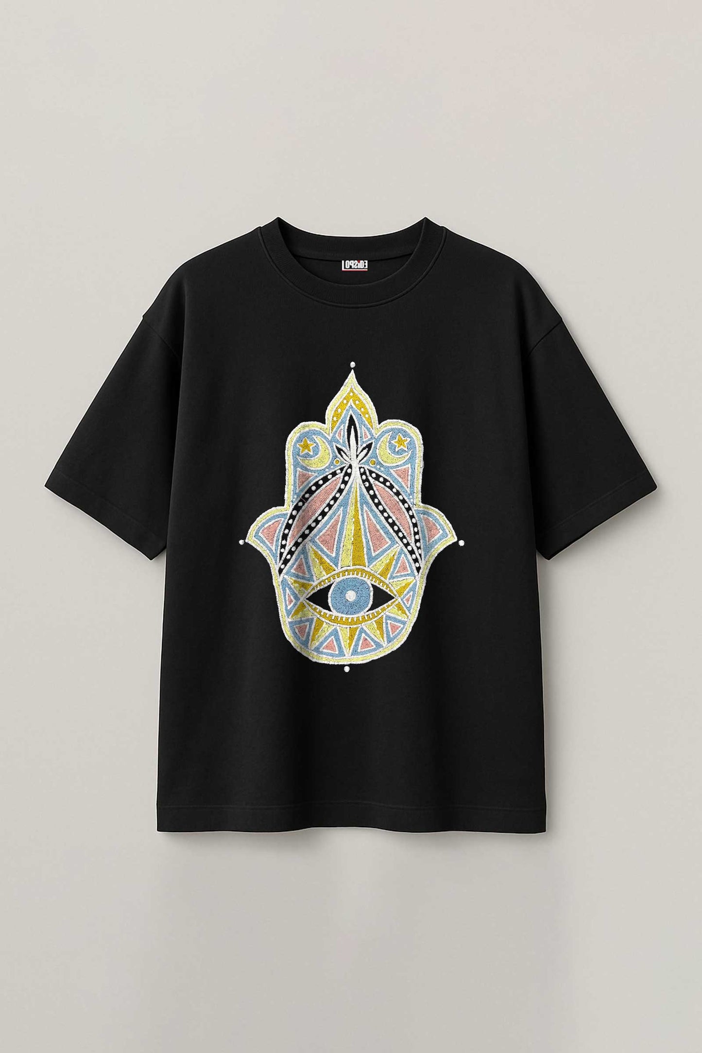 Khamsa Sacred Eye Embroidered Artwork Half Sleeve Black T-shirt For Men