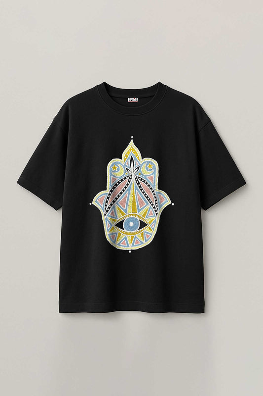 Khamsa Sacred Eye Embroidered Artwork Half Sleeve Black T-shirt For Men