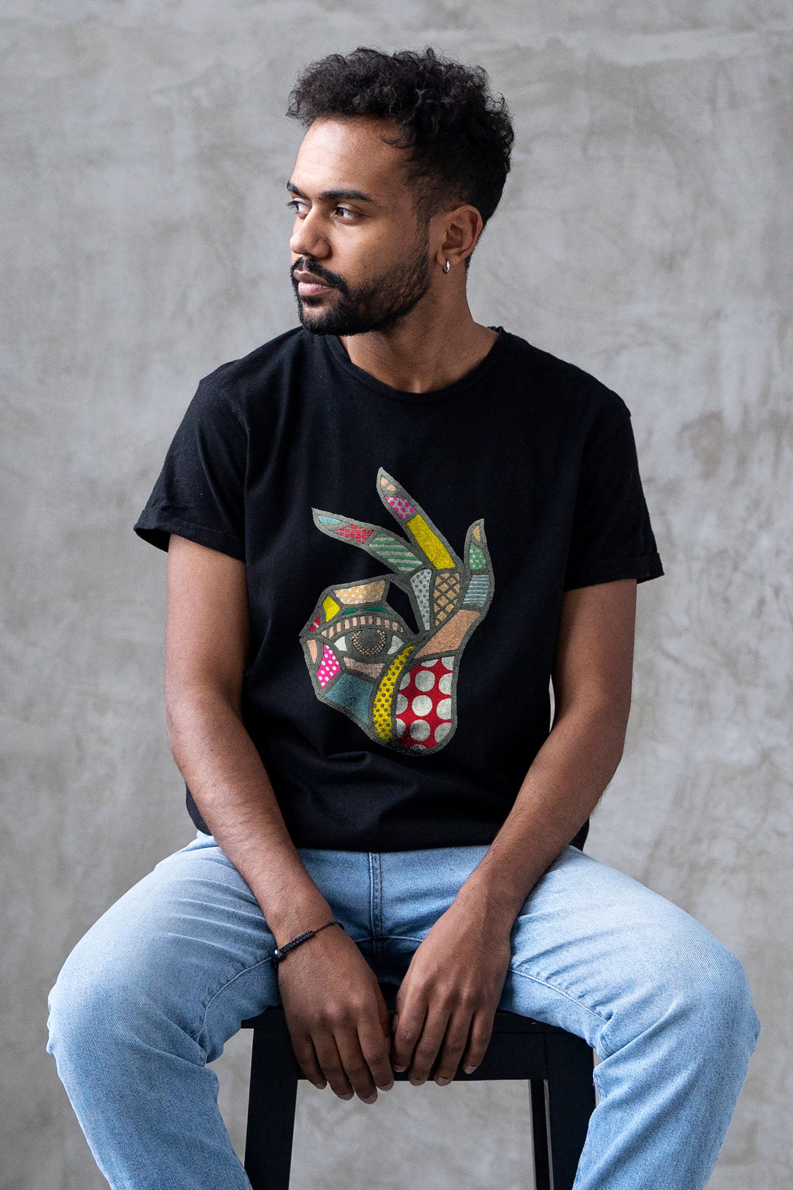 Hand Collage Embroidered Artwork Half Sleeve T-shirt For Men