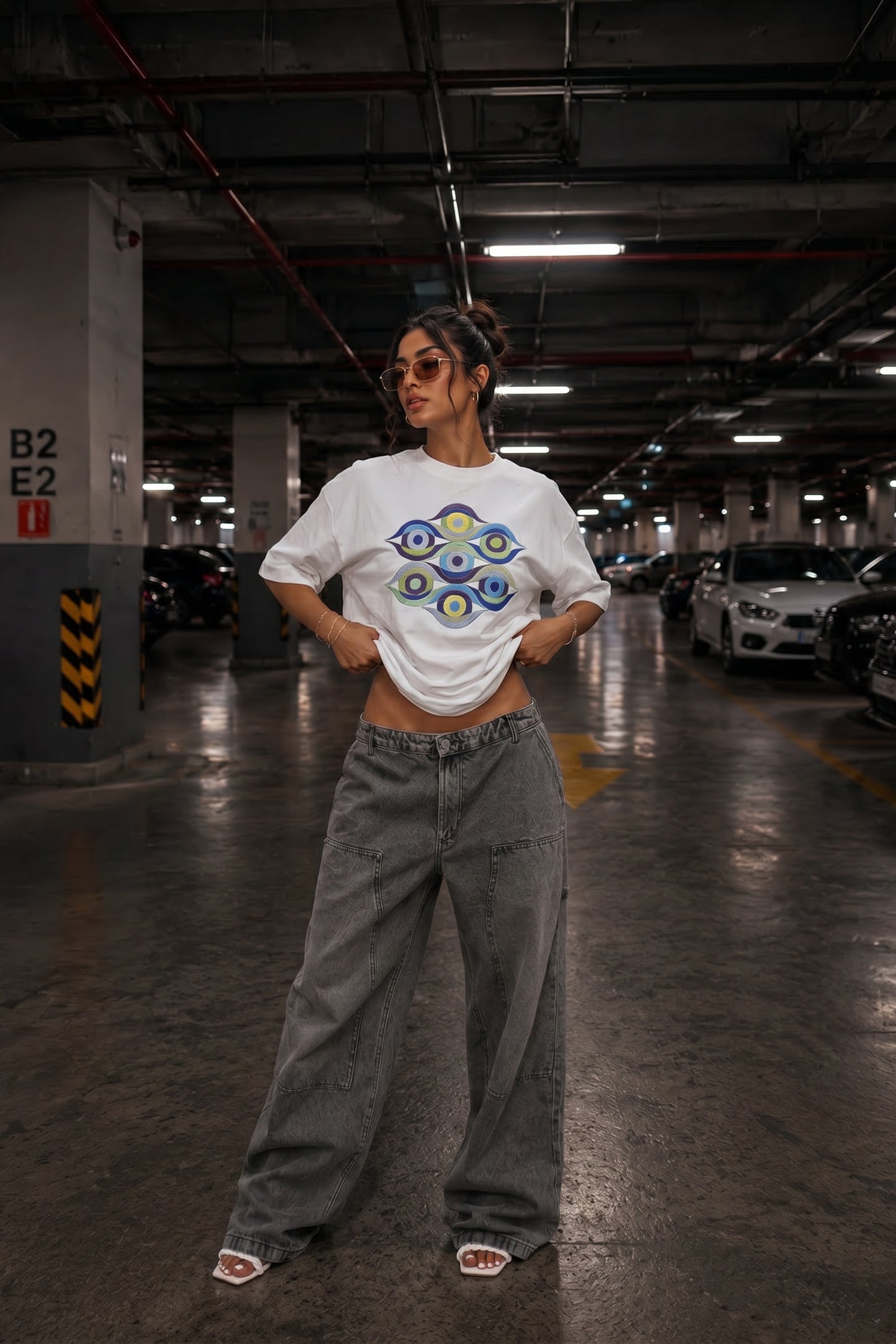 Person wearing a white t-shirt with a colorful embroidery design and gray pants in a parking garage.