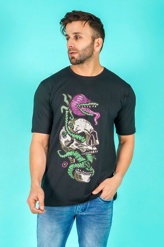 Skull Monster Embroidered Artwork Half Sleeve Black T-shirt For Men