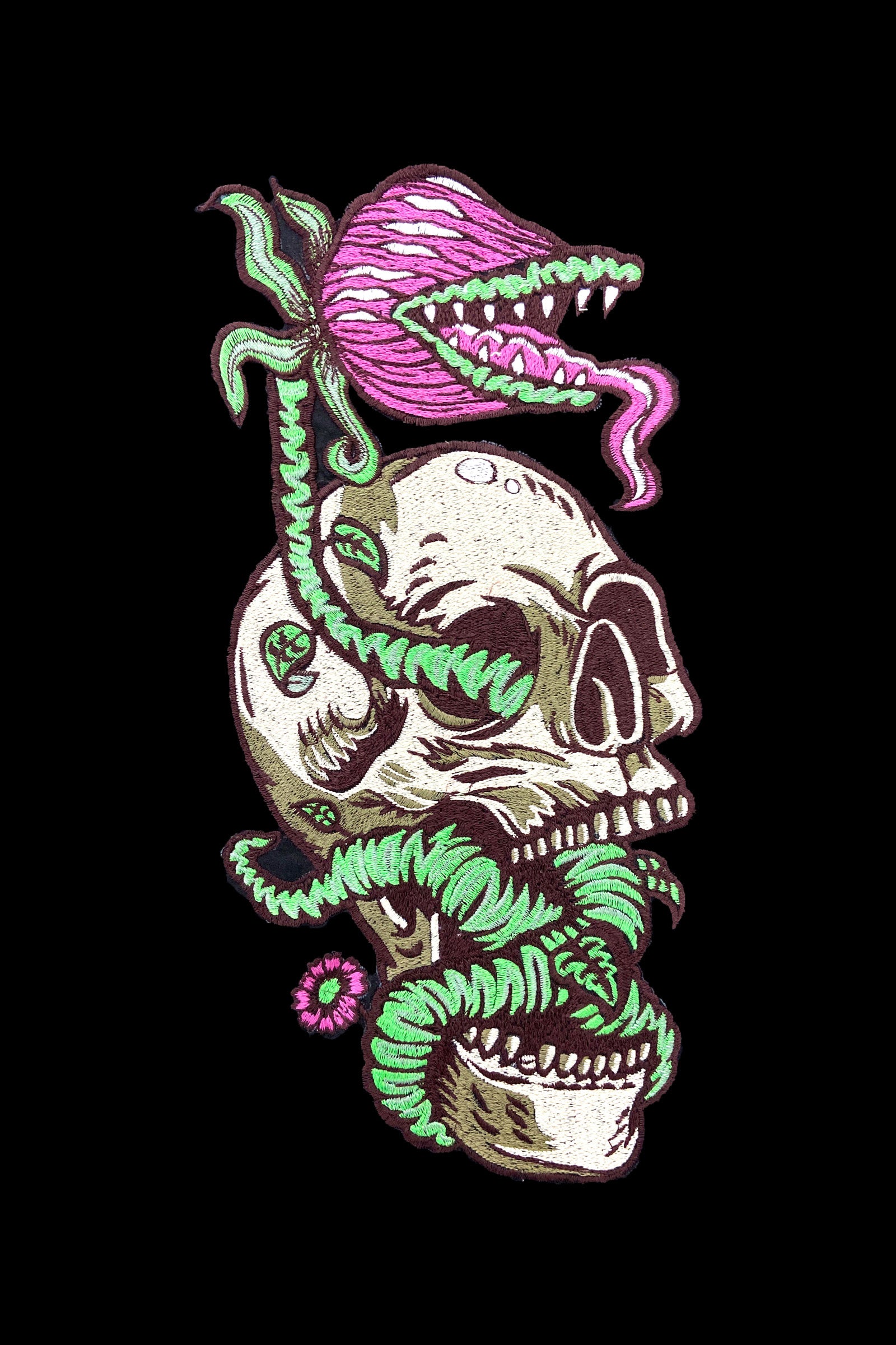 Skull Monster Embroidered Artwork Half Sleeve Black T-shirt For Men