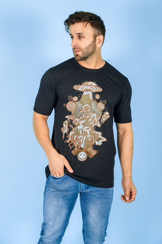 Psychedelic Trip Embroidered Artwork Half Sleeve Black T-shirt For Men