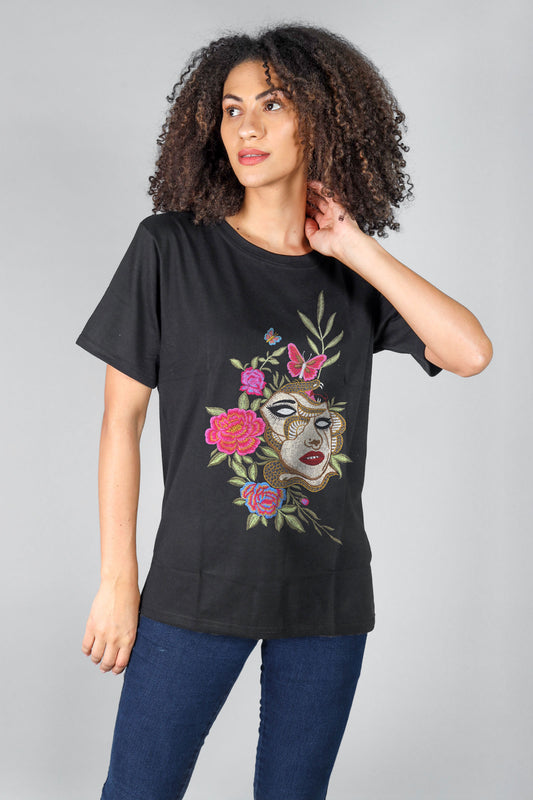 Trippy Face Embroidered Artwork Half Sleeve T-shirt For Women