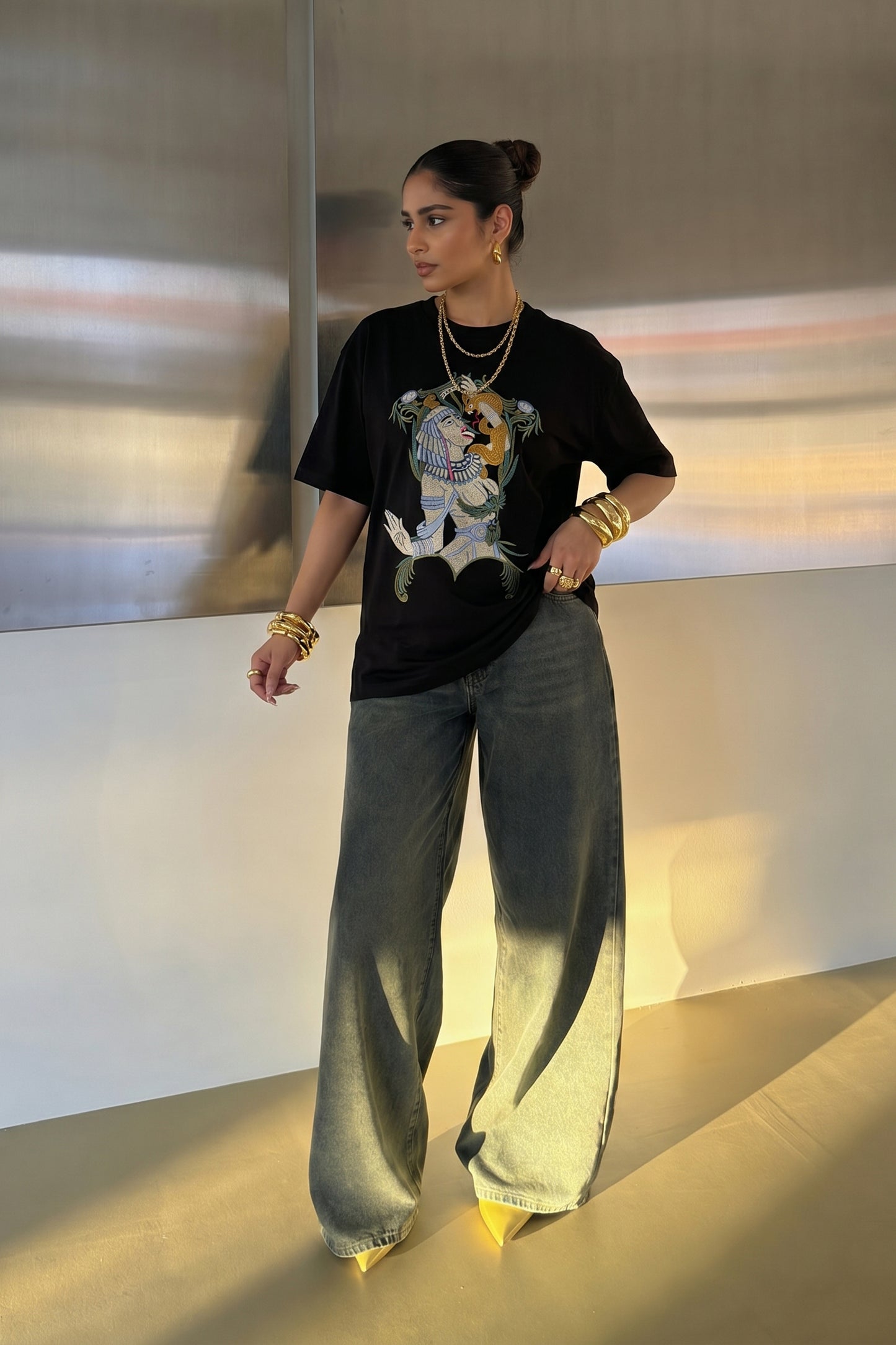 Ancient Egyptian Embroidered Artwork Half Sleeve T-shirt For Women