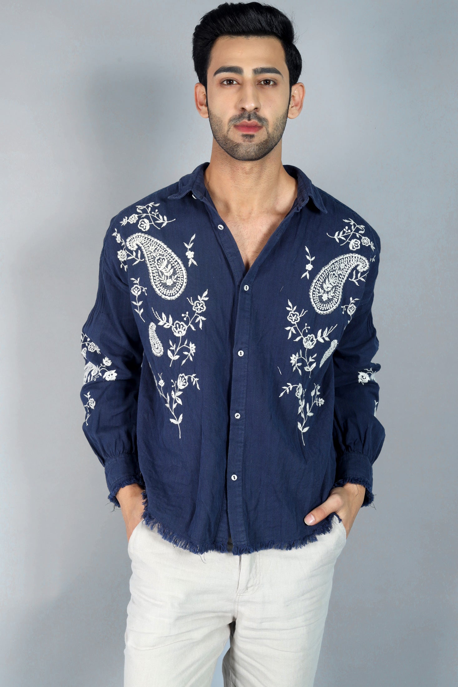 Edward Men's Embroidered Shirt (Drop Shoulder) Cotton Slub Paisley Embroidery Shirt in Off-White & Navy Blue with Pintuck Detail Thefinespun Edward Men's Embroidered Shirt (Drop Shoulder) Cotton Slub Paisley Embroidery Shirt in Off-White & Navy Blue with Pintuck Detail Thefinespun