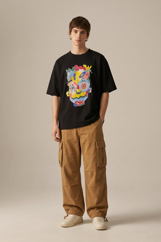 Person wearing a black t-shirt with colorful design and brown cargo pants on a beige background