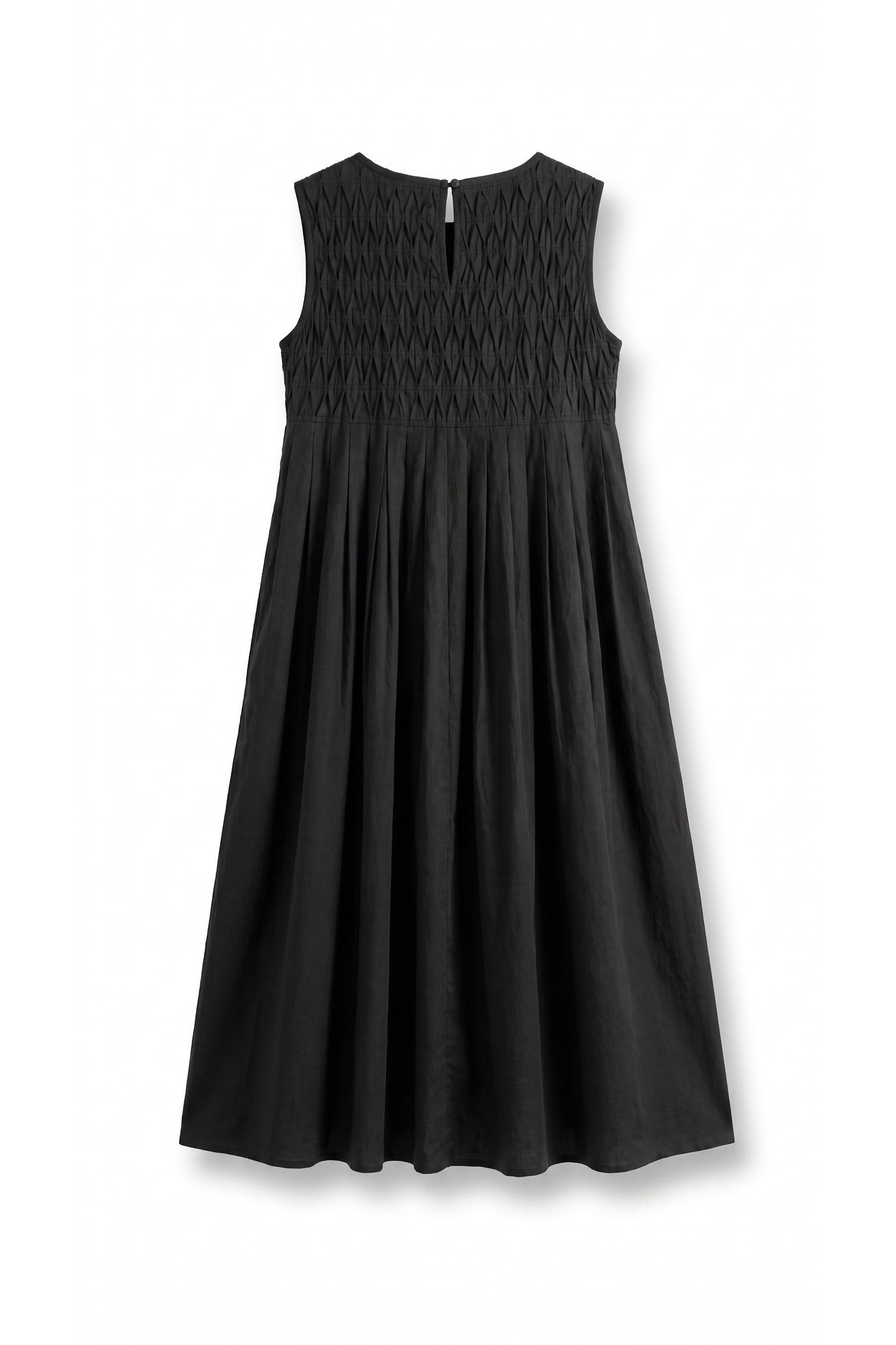 Women's black midi dress with pintuck details.
