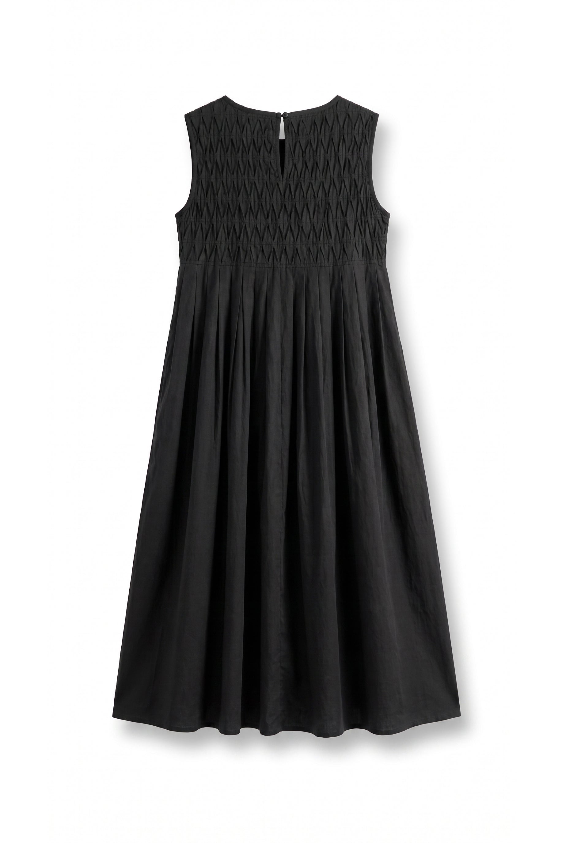 Women's black midi dress with pintuck details.