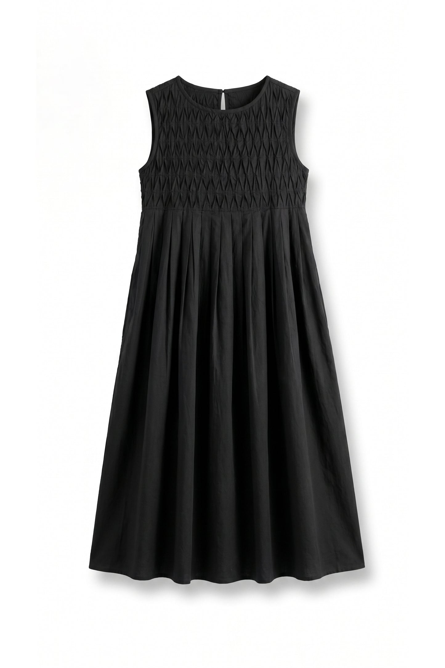 Women's black midi dress with pintuck details.