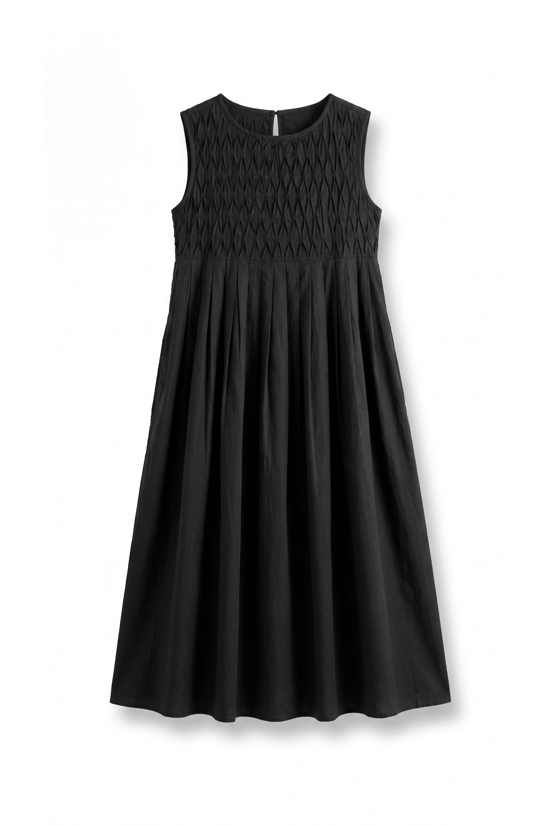 Women's black midi dress with pintuck details.