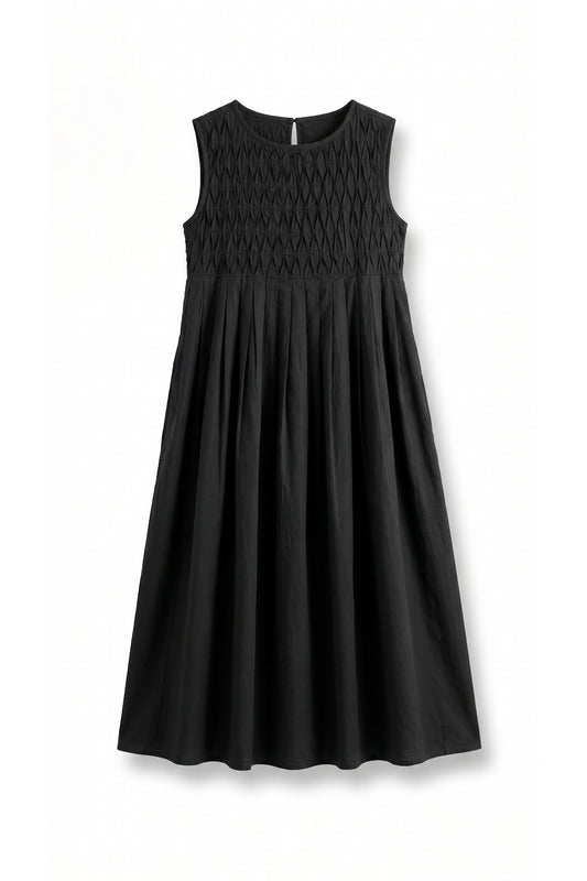 Women's black midi dress with pintuck details.