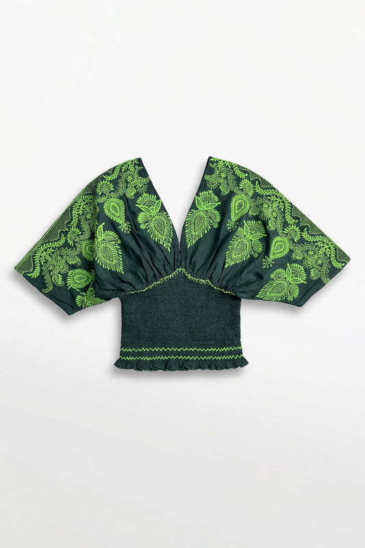 Green blouse with floral patterns on a white background