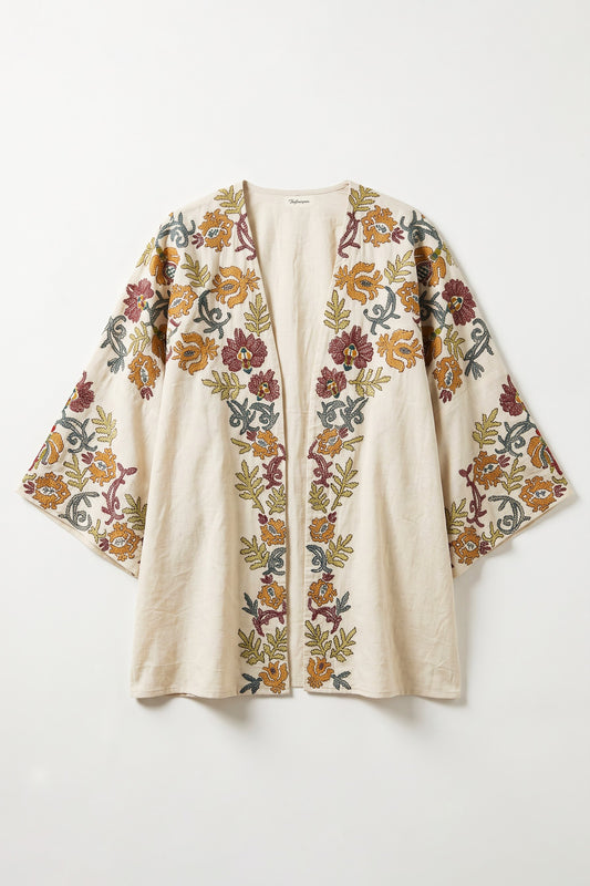 Anouk beige cotton-linen kimono shrug with multicolour ornamental embroidery on the front, sleeves and back