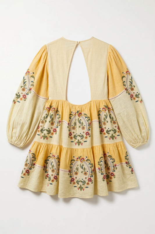 Aurora yellow and ivory cotton slub boho mini dress with multicolour floral embroidery, lace inserts, tiered skirt and open back