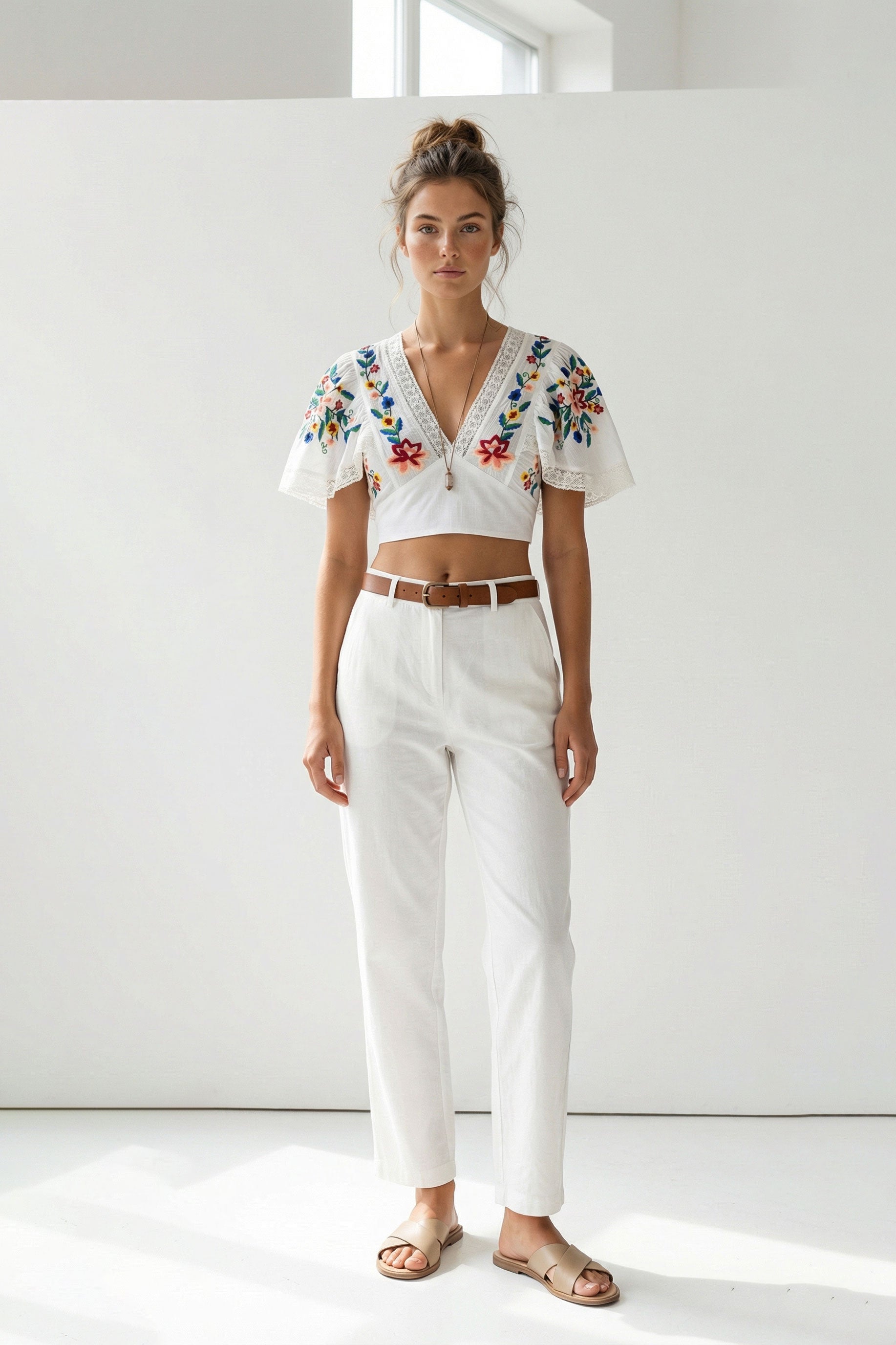 Woman wearing a white embroidered top and pants in a minimalistic setting