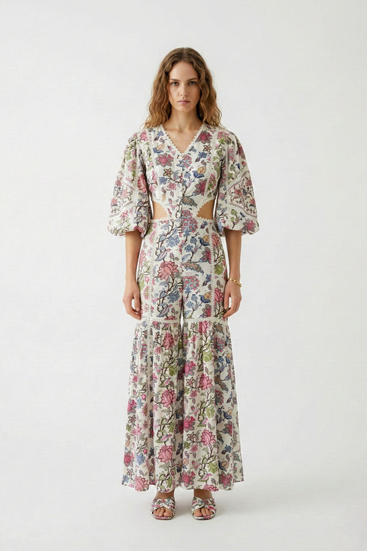 Woman wearing a floral dress on a white background