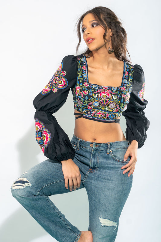 Maysoon Black Embroidered Crop Top
