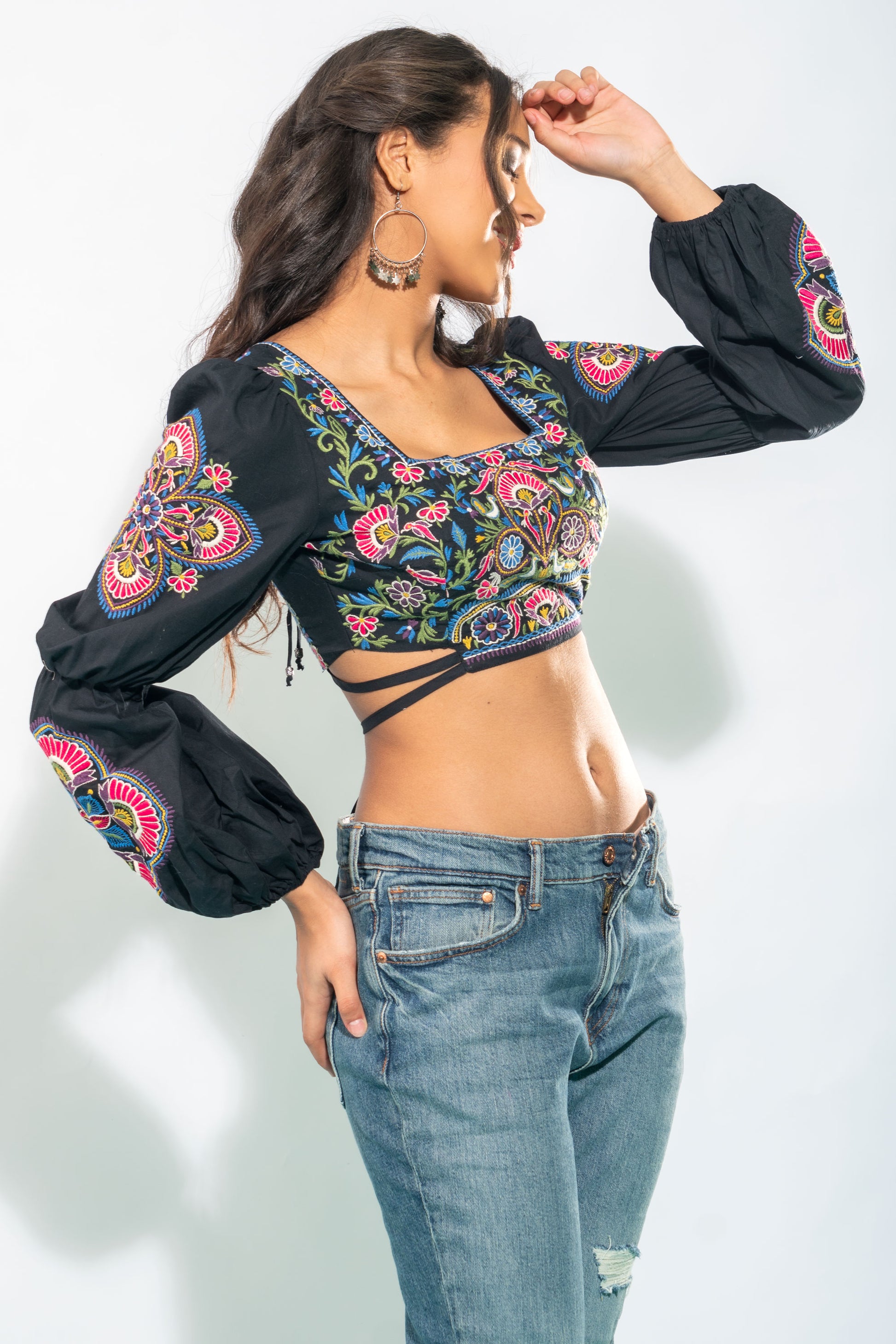 Maysoon Black Embroidered Crop Top