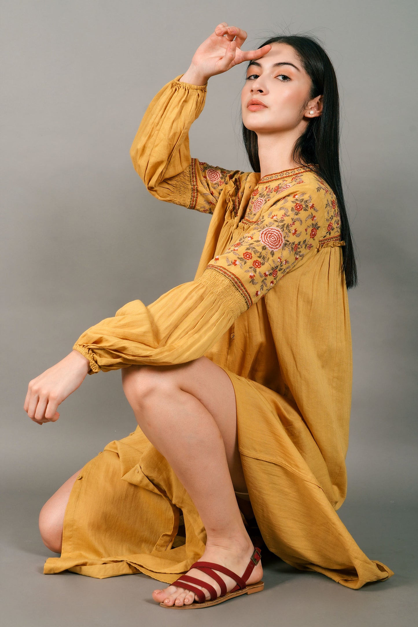 Gianna Embroidered Yellow Long Maxi Dress