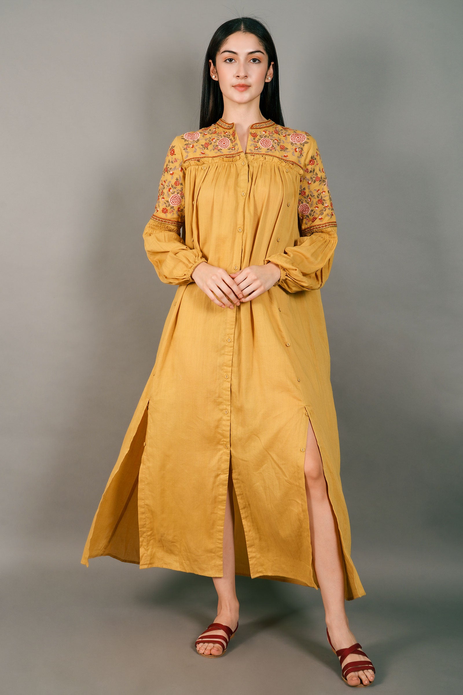 Women's Gianna Embroidered Yellow Long Maxi Dress | Thefinespun India Small / Mustard Yellow by Thefinespun Women's Gianna Embroidered Yellow Long Maxi Dress | Thefinespun India Small / Mustard Yellow by Thefinespun