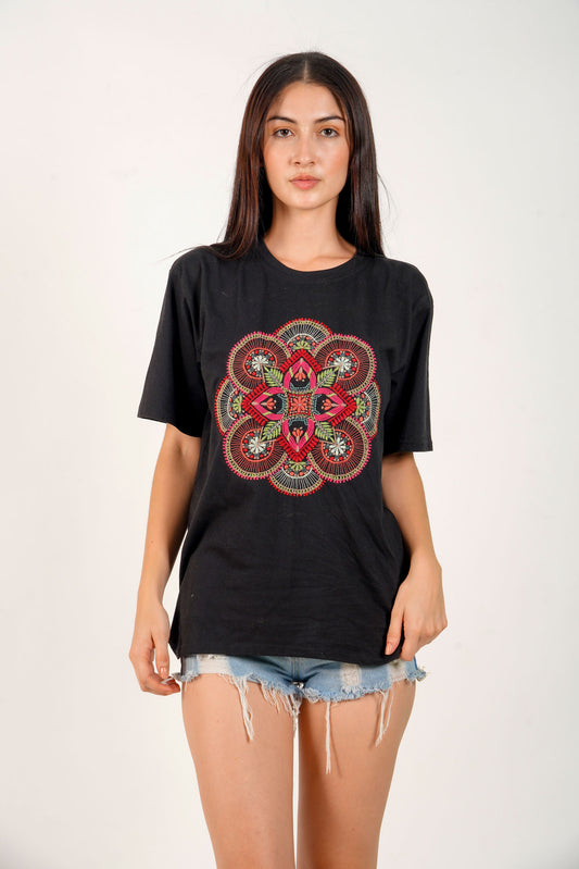 Embroidered Geometric Artwork Half sleeve Black T-shirt Women's