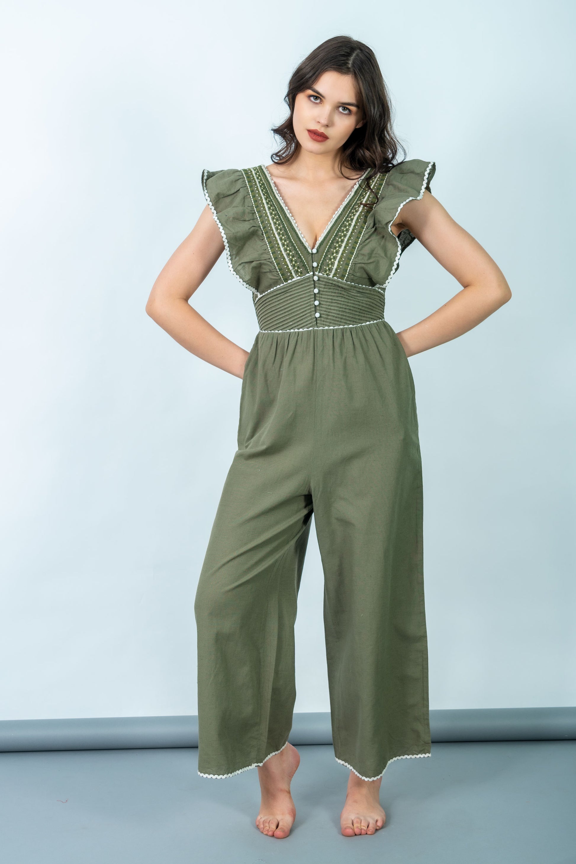 Ella Olive Green Embroidered Jumpsuit