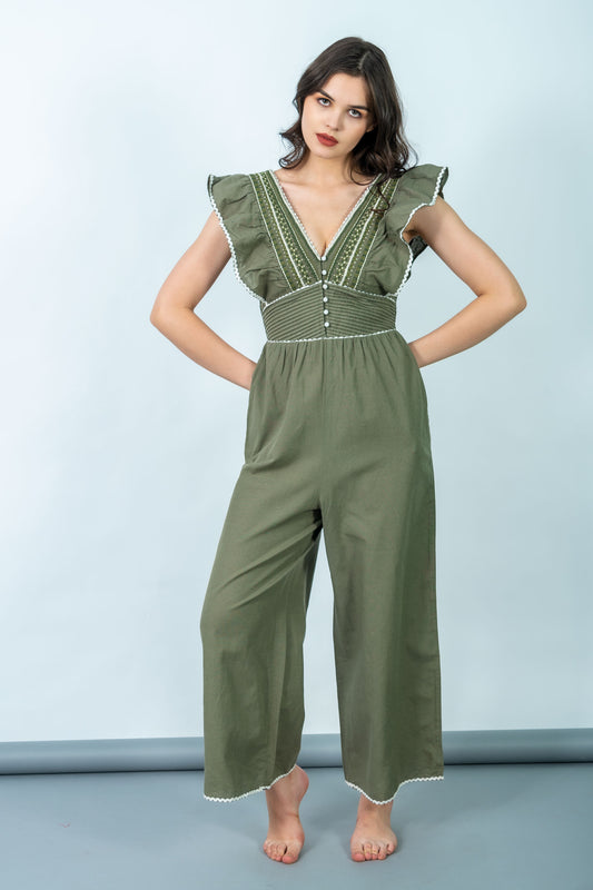 Ella Olive Green Embroidered Jumpsuit