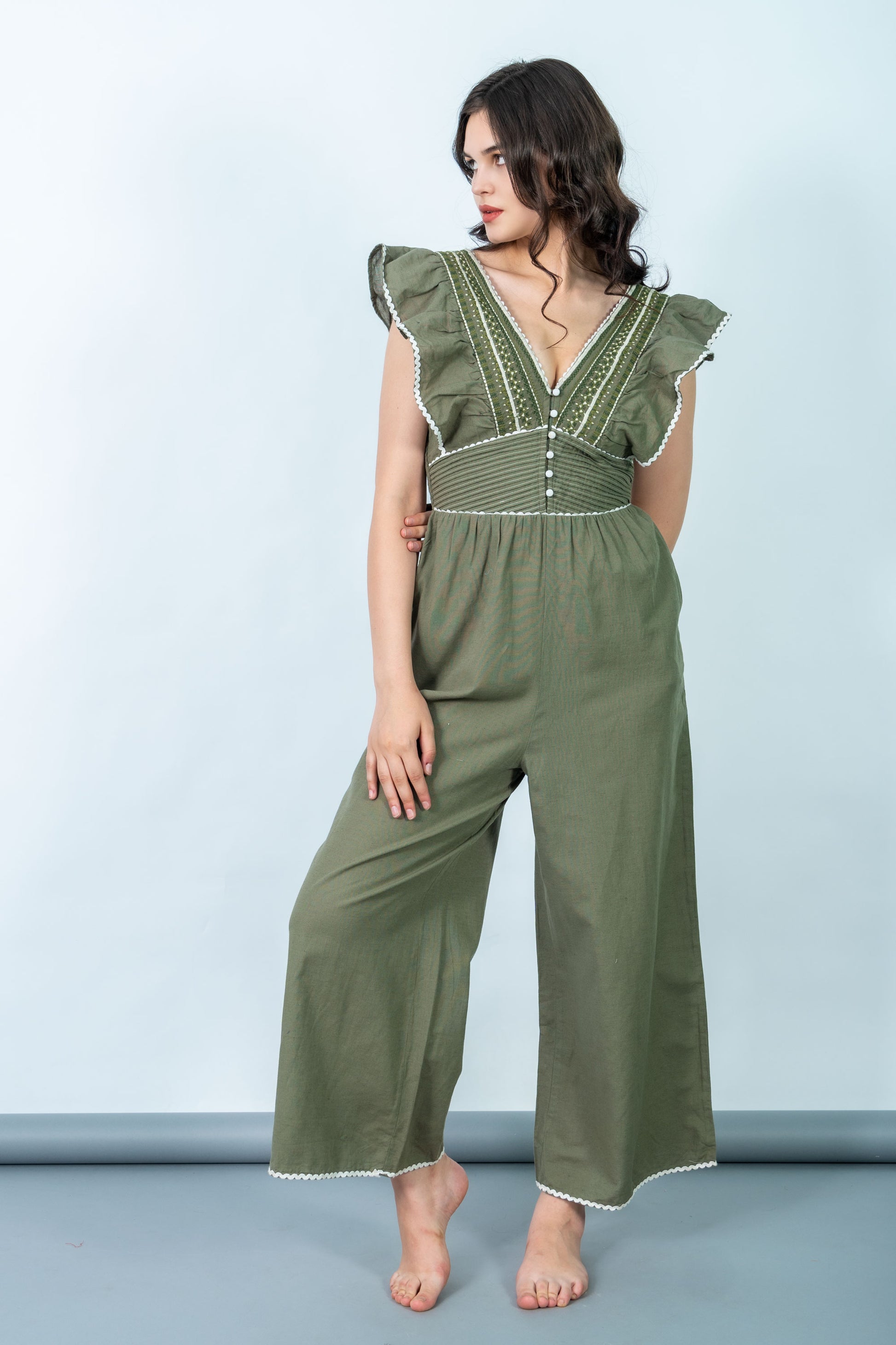 Ella Olive Green Embroidered Jumpsuit