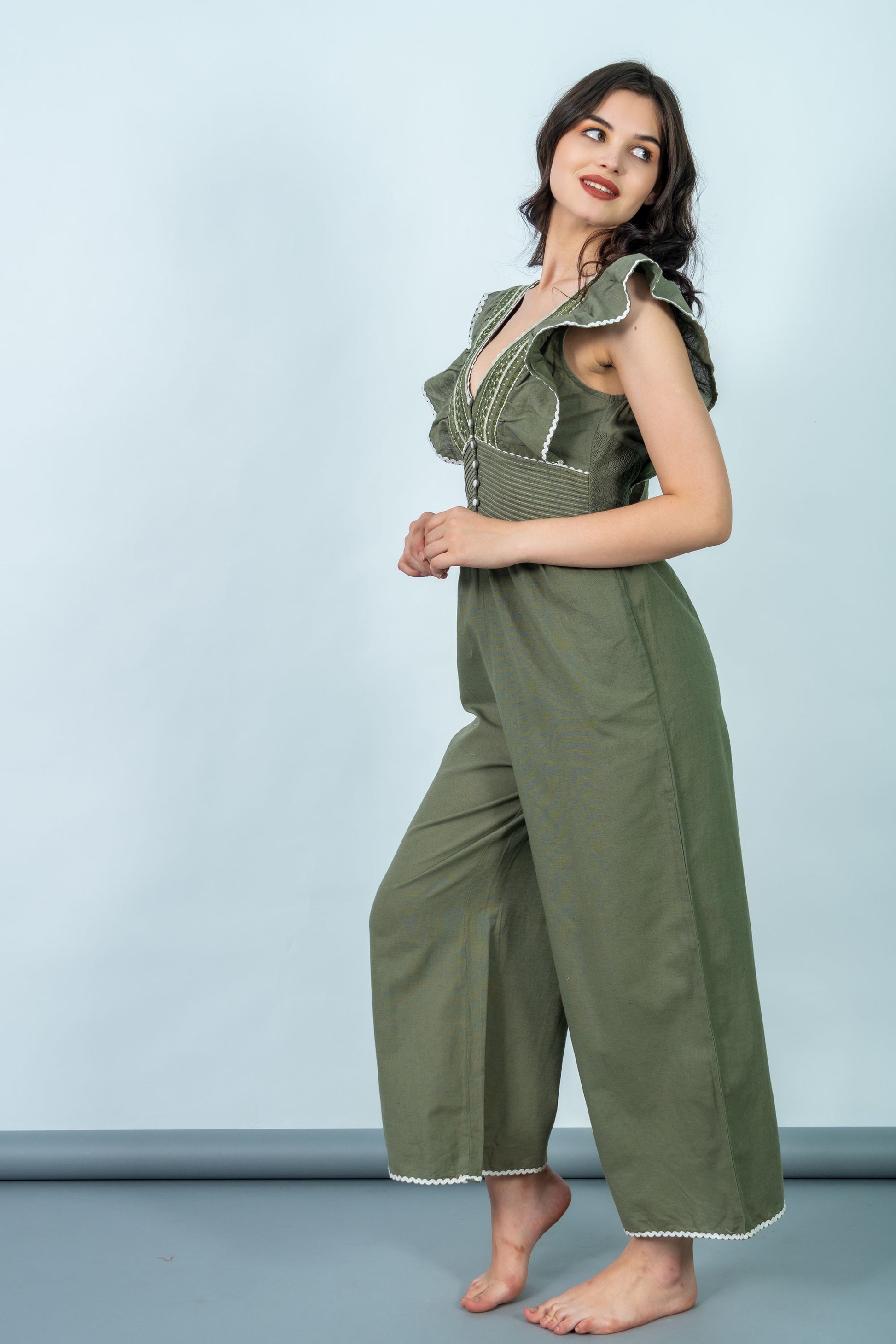 Ella Olive Green Embroidered Jumpsuit