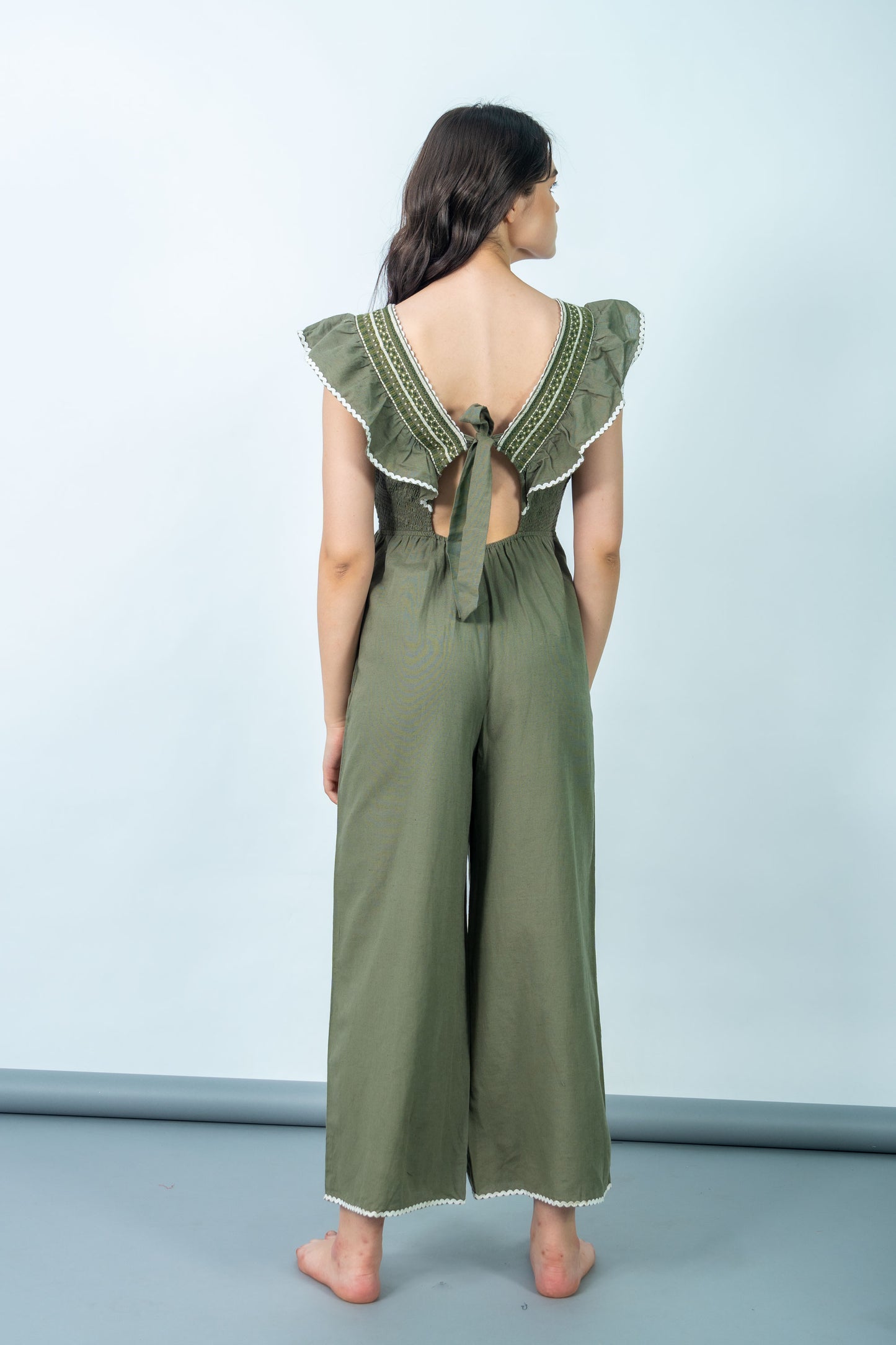 Ella Olive Green Embroidered Jumpsuit
