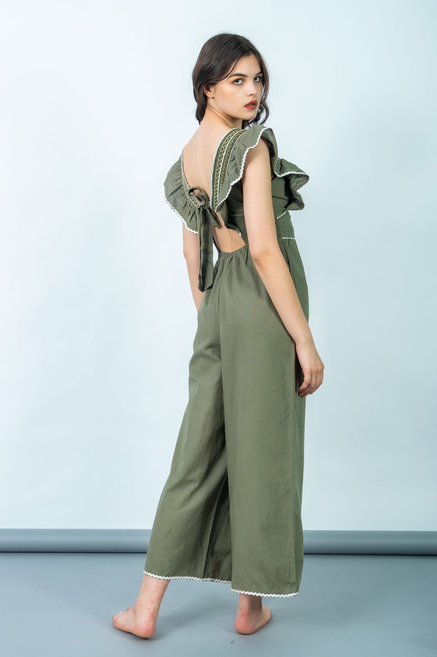 Ella Olive Green Embroidered Jumpsuit
