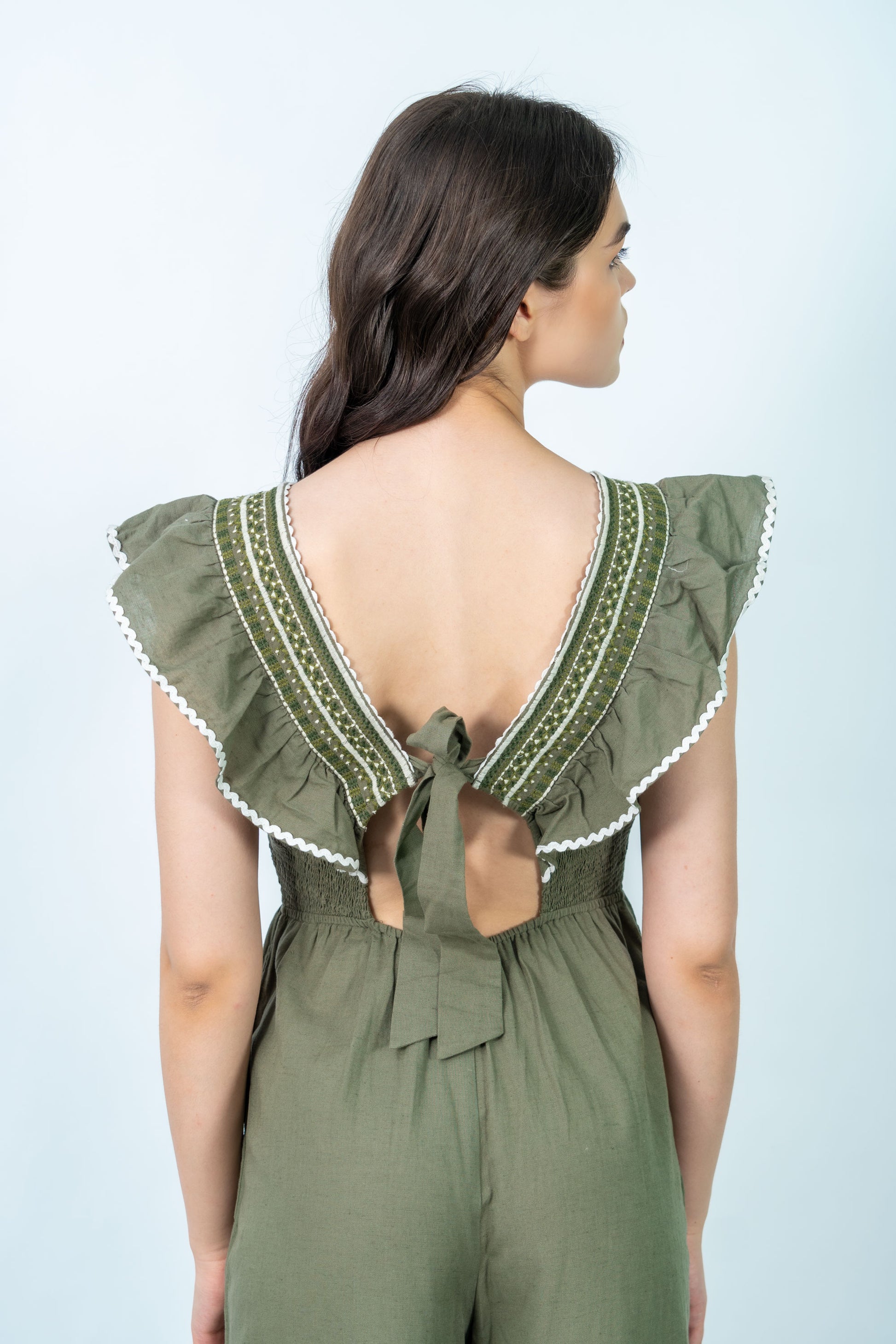 Ella Olive Green Embroidered Jumpsuit