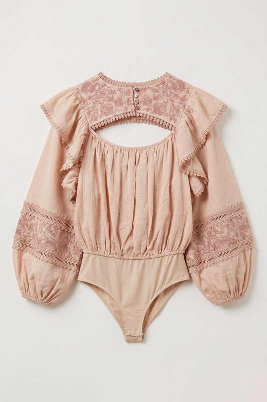 Dusty Pink Dallias Embroidered Bodysuit with tonal floral embroidery, lace inserts and ruffled sleeves