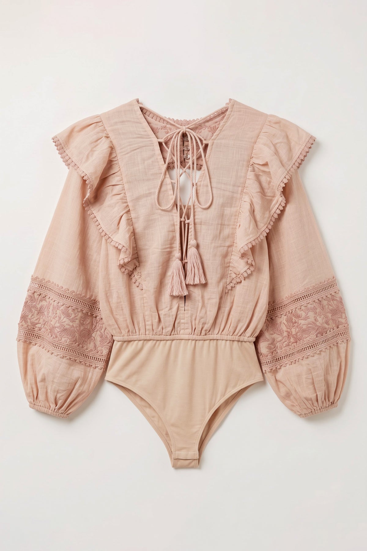 Dusty Pink Dallias Embroidered Bodysuit with tonal floral embroidery, lace inserts and ruffled sleeves