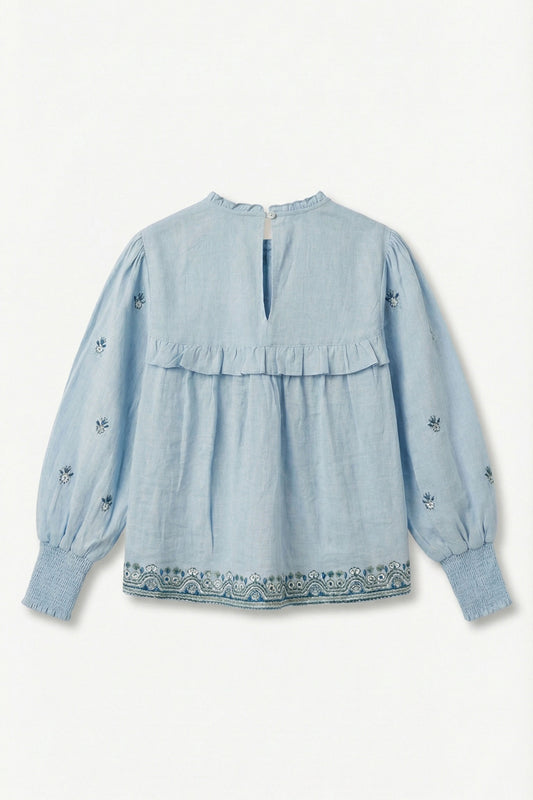 Light blue blouse with floral embroidery on a white background