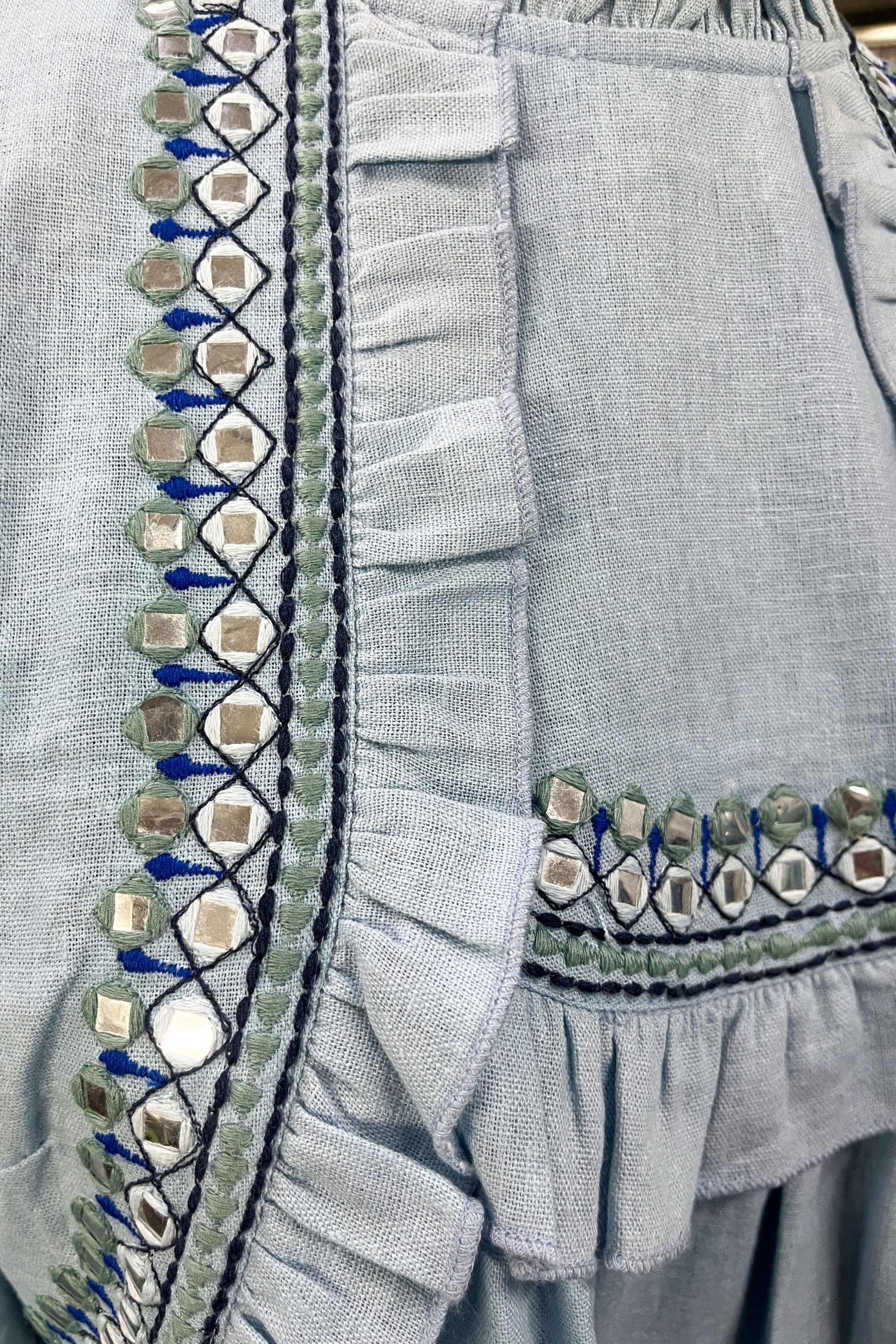 Close-up of a light blue fabric with decorative embroidery and ruffles.