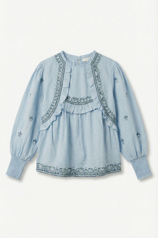 Light blue cotton top with embroidery on a white background