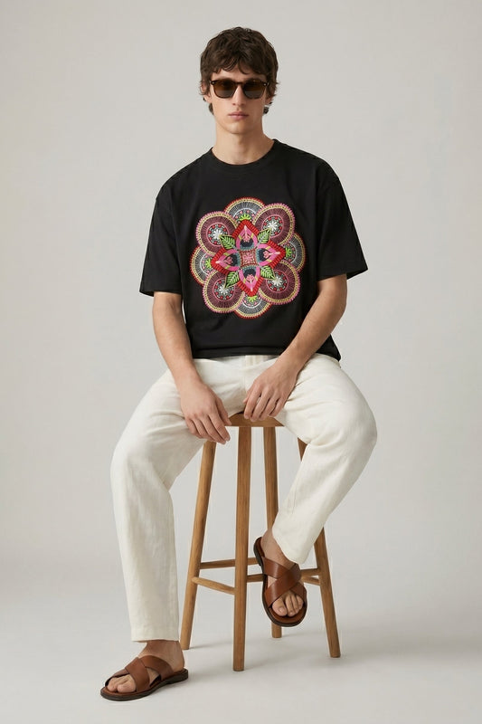 Man sitting on a stool wearing a black t-shirt with a colorful flower design, white pants, and brown sandals.
