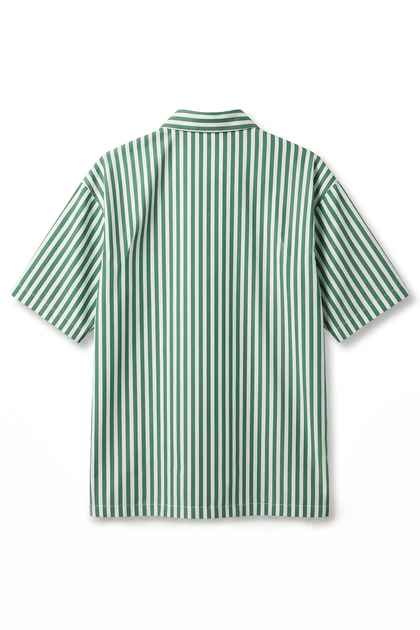 A short-sleeve button-up shirt with vertical green and white stripes, shown from the back on a clean white background.