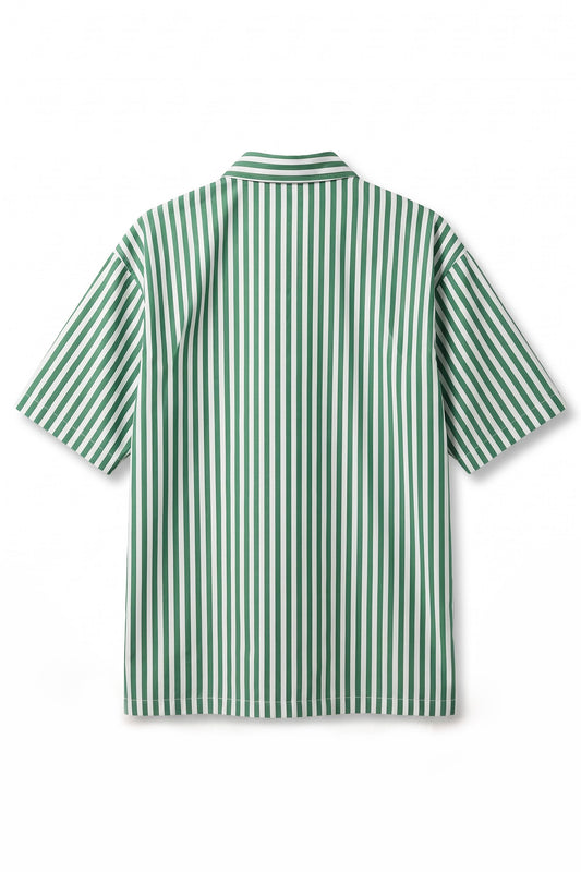 A short-sleeve button-up shirt with vertical green and white stripes, shown from the back on a clean white background.