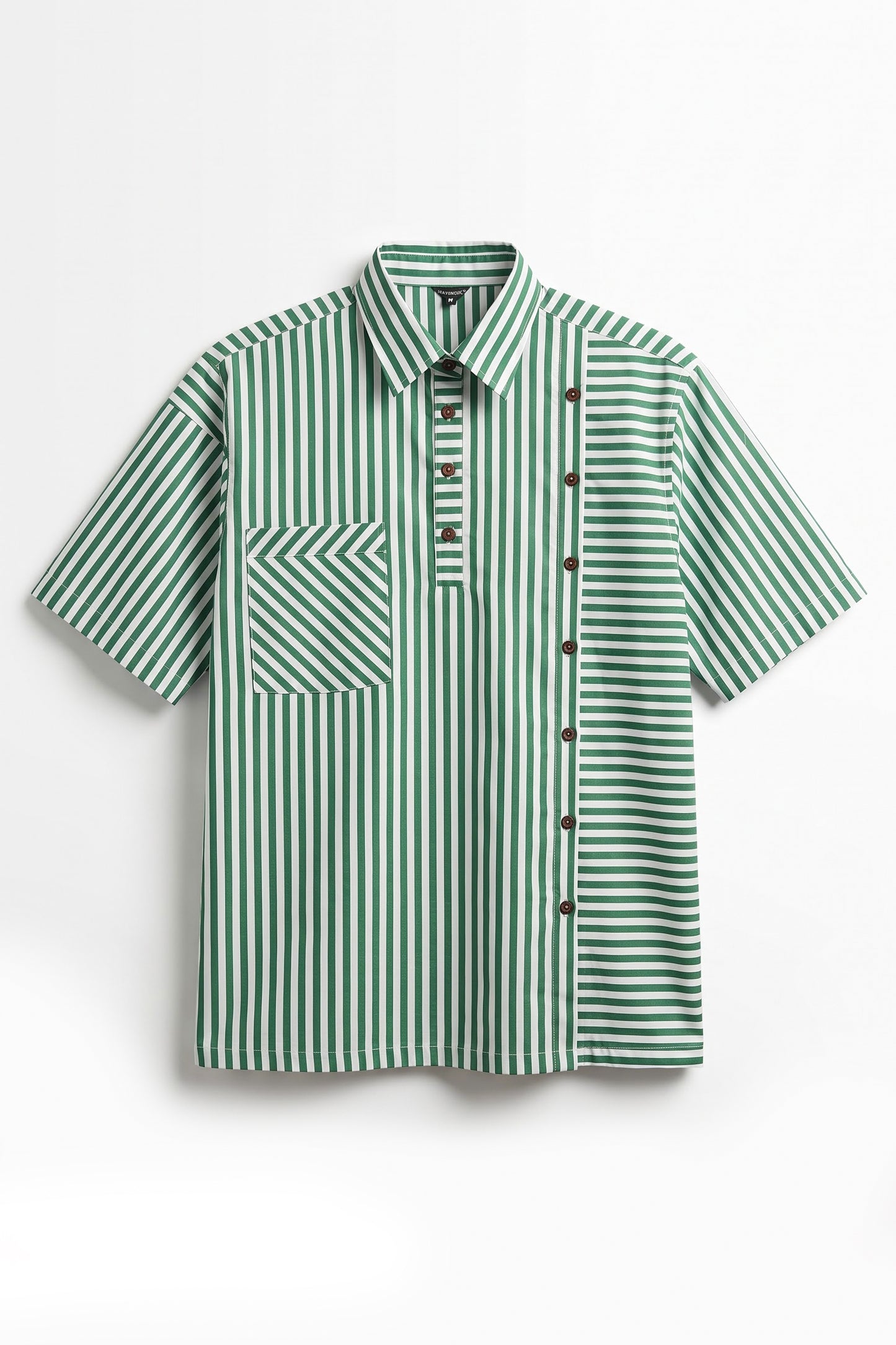 A short-sleeve button-up shirt with a green and white vertical stripe pattern, featuring a chest pocket with diagonal stripes and a decorative button placket.