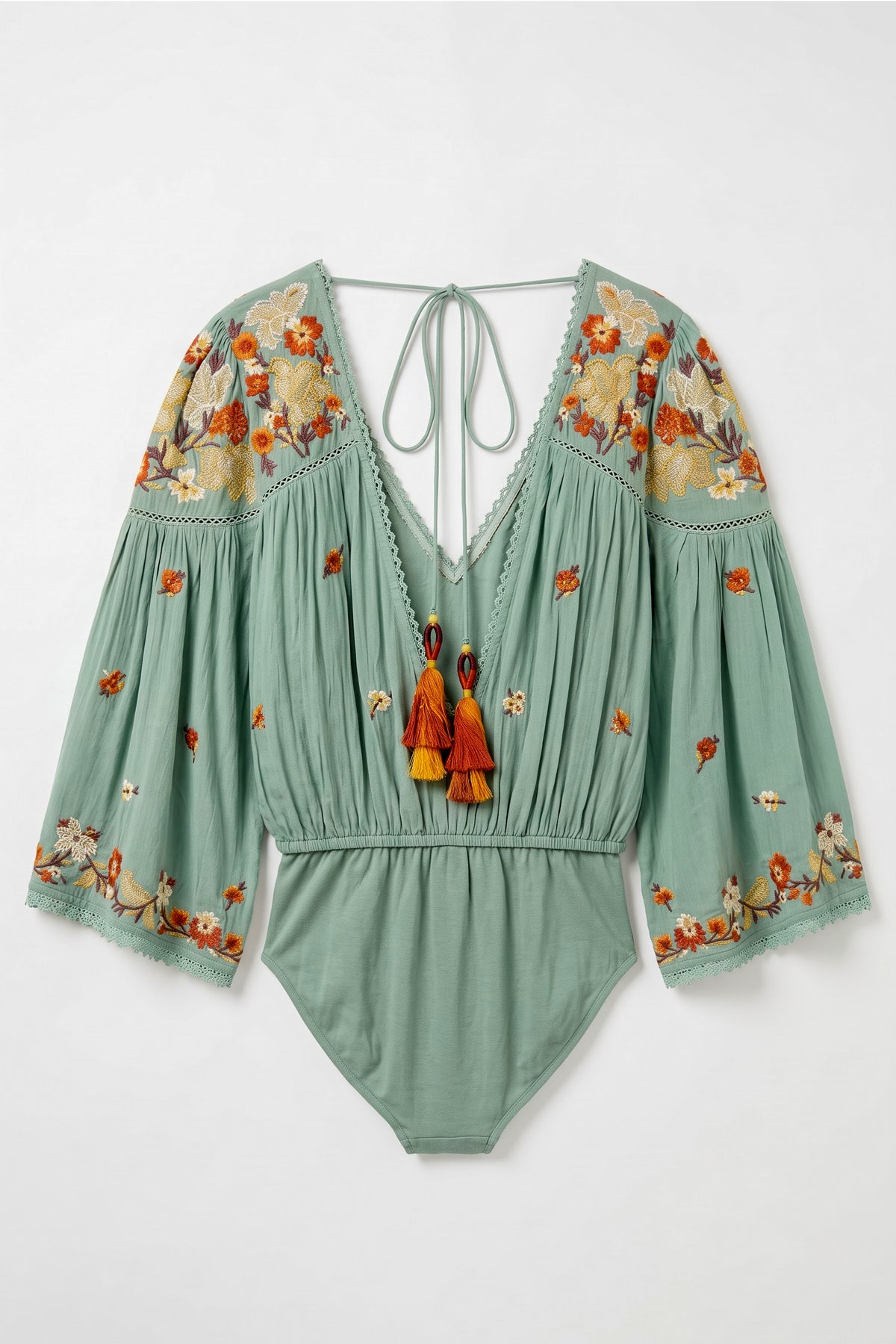 Teal green rayon Embroidered Fairy Bodysuit with multicolour floral embroidery, lace detailing, statement sleeves and open-back tassels