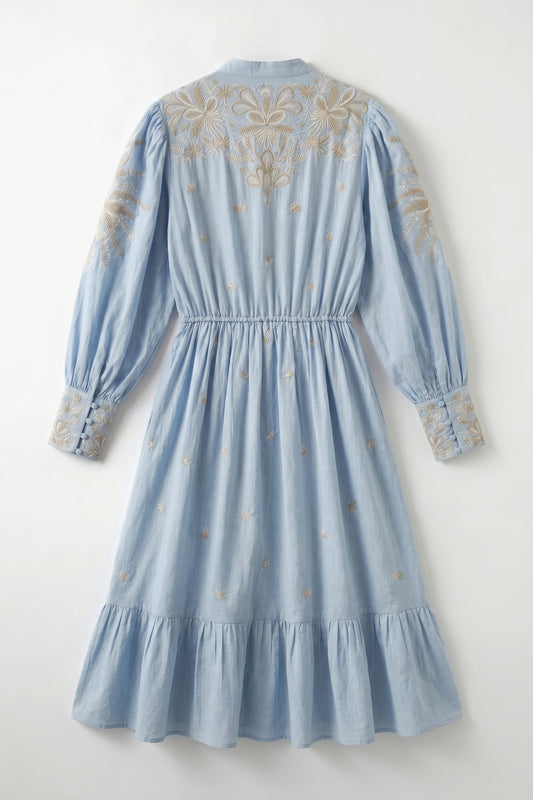 Light blue dress with intricate gold embroidery on a white background